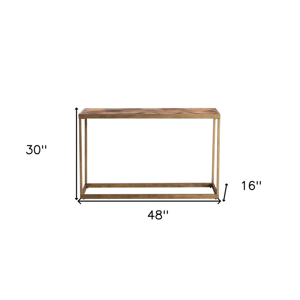 48" Natural and Brass Solid Wood and Iron Frame Console Table