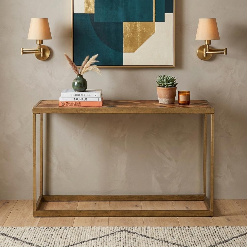 48" Natural and Brass Solid Wood and Iron Frame Console Table