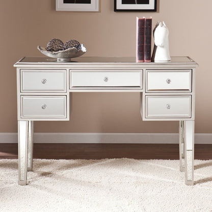 43" Silver Mirrored Glass and Solid Wood Console Table With Five Drawers