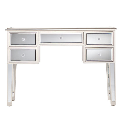 43" Silver Mirrored Glass and Solid Wood Console Table With Five Drawers