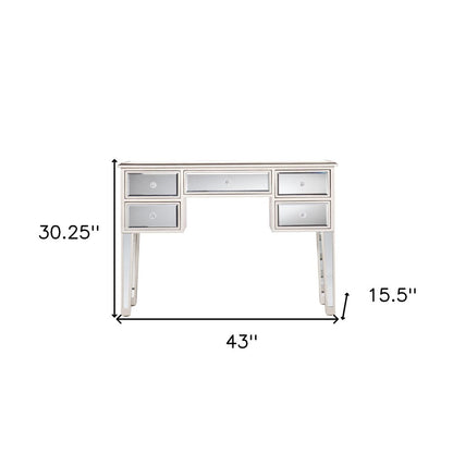 43" Silver Mirrored Glass and Solid Wood Console Table With Five Drawers