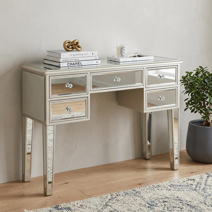43" Silver Mirrored Glass and Solid Wood Console Table With Five Drawers