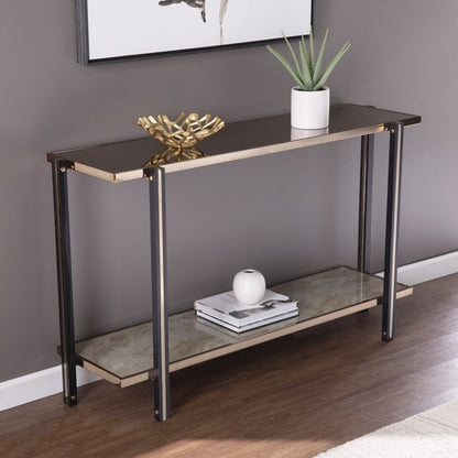 50" Smoky Black and Champagne Glass Mirrored Floor Shelf Console Table With Storage