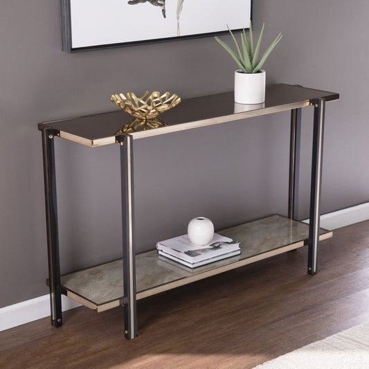 50" Smoky Black and Champagne Mirrored Glass Console Table With Shelf
