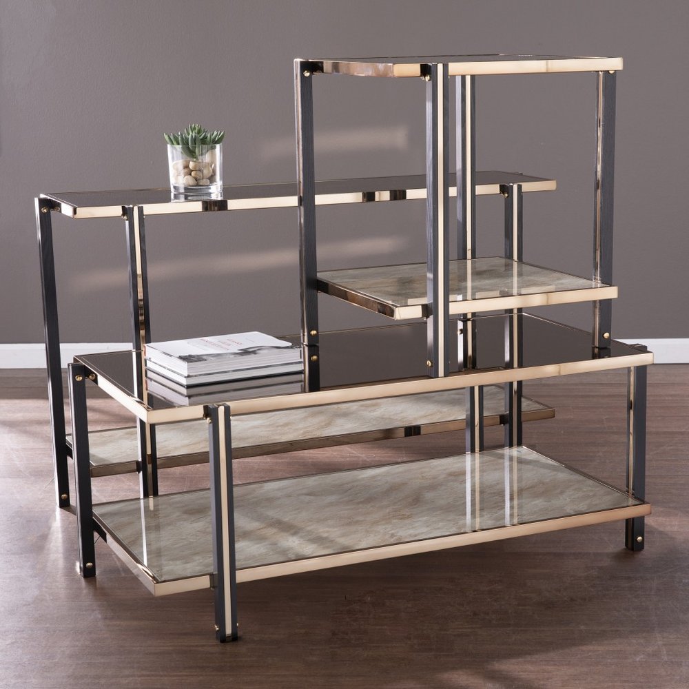 50" Smoky Black and Champagne Mirrored Glass Console Table With Shelf