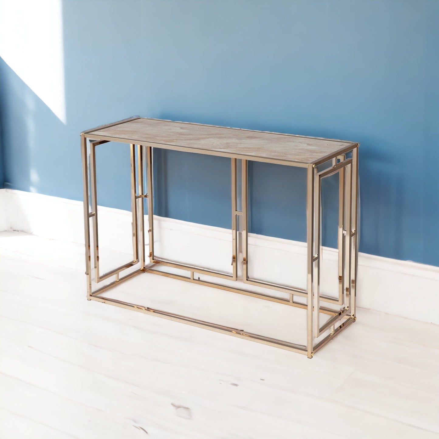 44" Champagne and Gold Faux Marble Frame Console Table