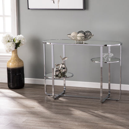 42" Clear and Silver Mirrored Glass Oval Cross Leg Console Table With Shelves