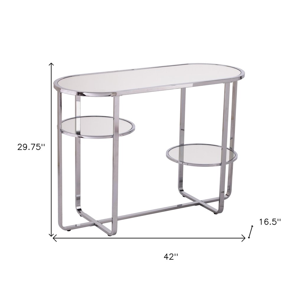 42" Silver Mirrored Glass and Iron Oval Cross Leg Console Table With Two Shelves