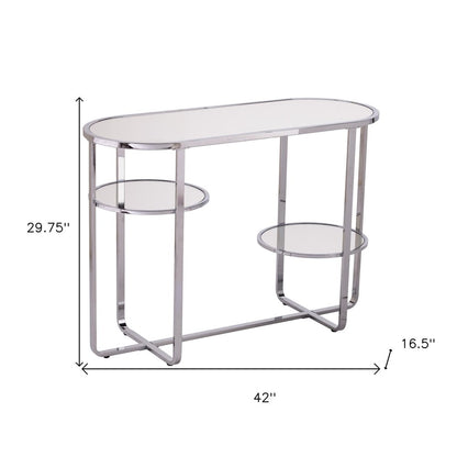 42" Silver Mirrored Glass and Iron Oval Cross Leg Console Table With Two Shelves