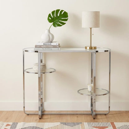 42" Silver Mirrored Glass and Iron Oval Cross Leg Console Table With Two Shelves