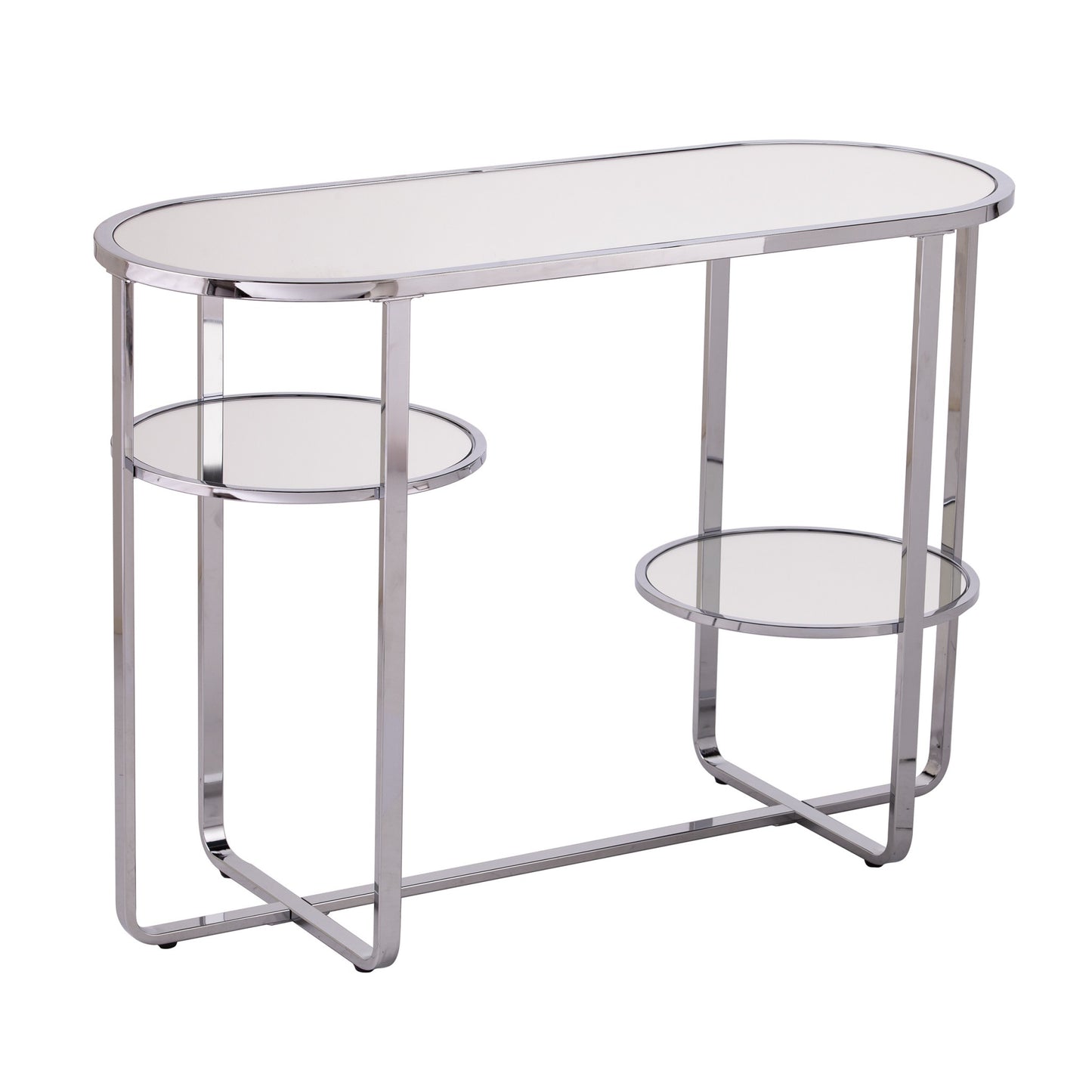 42" Clear and Silver Mirrored Glass Oval Cross Leg Console Table With Shelves