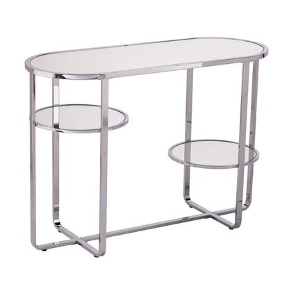 42" Silver Mirrored Glass and Iron Oval Cross Leg Console Table With Two Shelves
