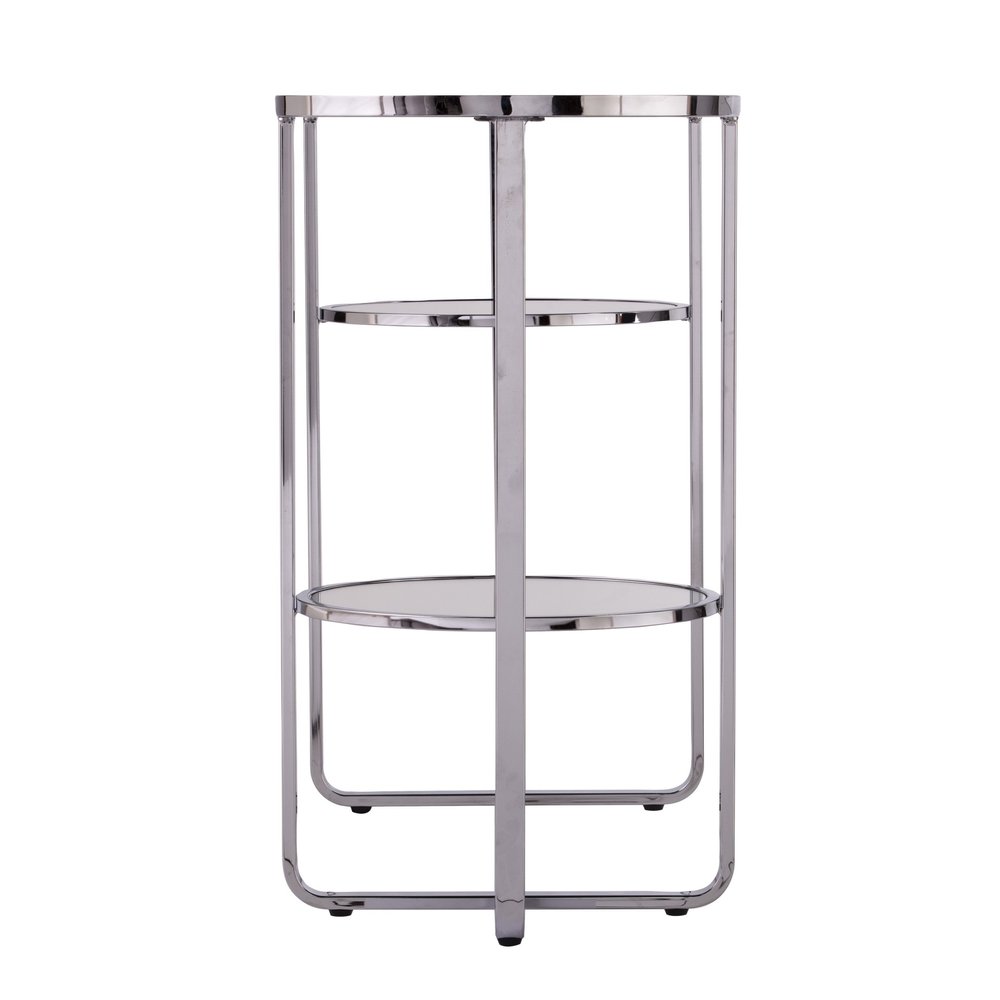 42" Silver Mirrored Glass and Iron Oval Cross Leg Console Table With Two Shelves