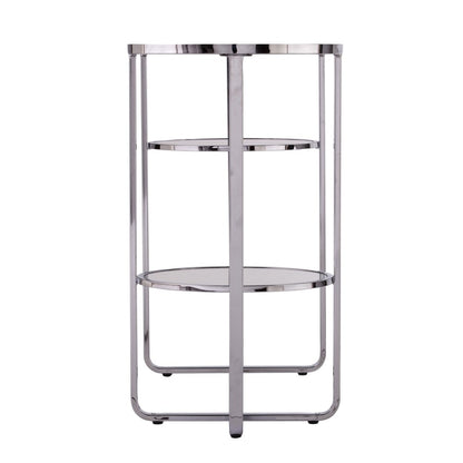 42" Silver Mirrored Glass and Iron Oval Cross Leg Console Table With Two Shelves