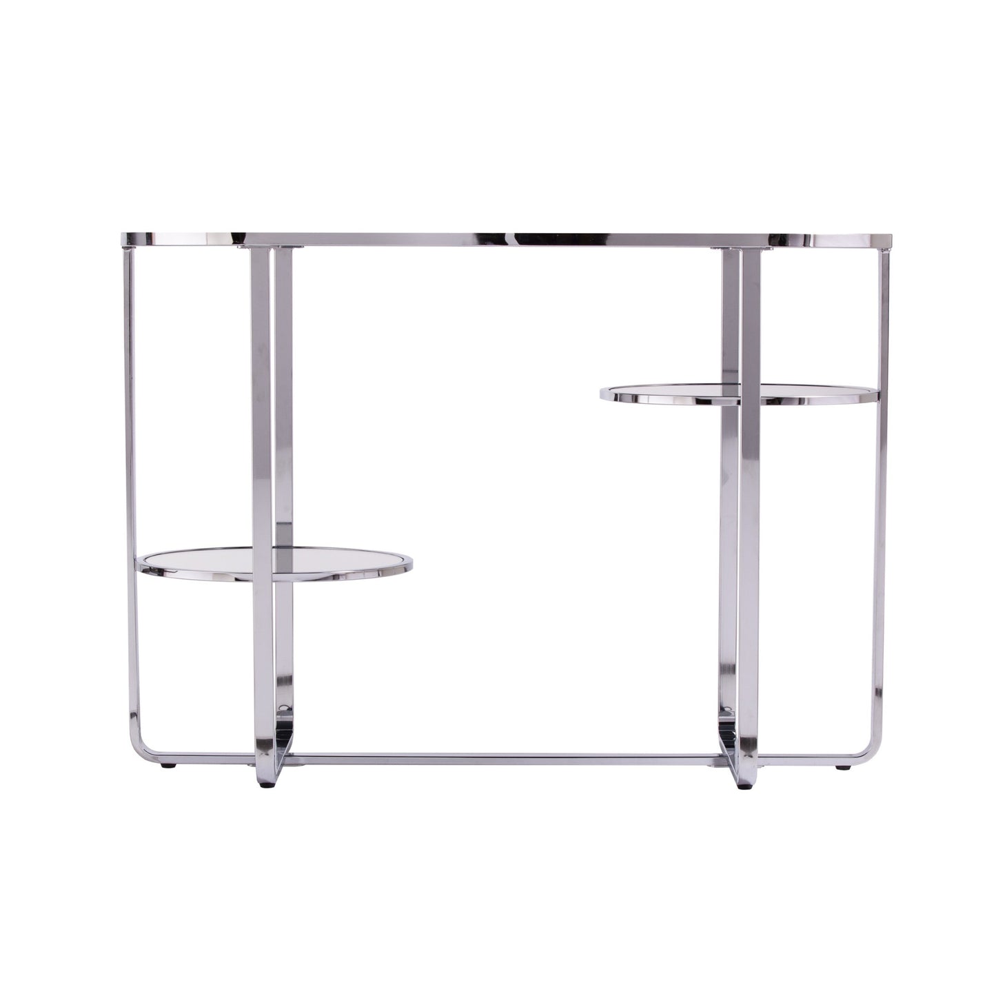 42" Clear and Silver Mirrored Glass Oval Cross Leg Console Table With Shelves