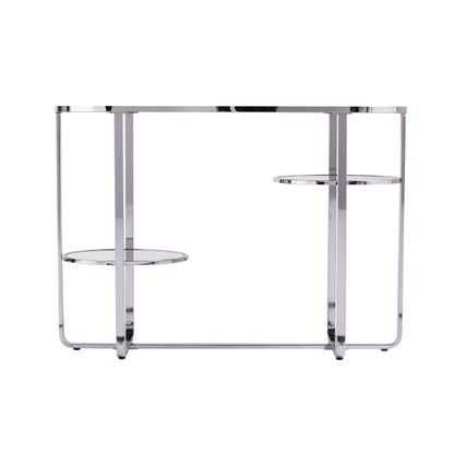 42" Clear and Silver Mirrored Glass Oval Cross Leg Console Table With Shelves