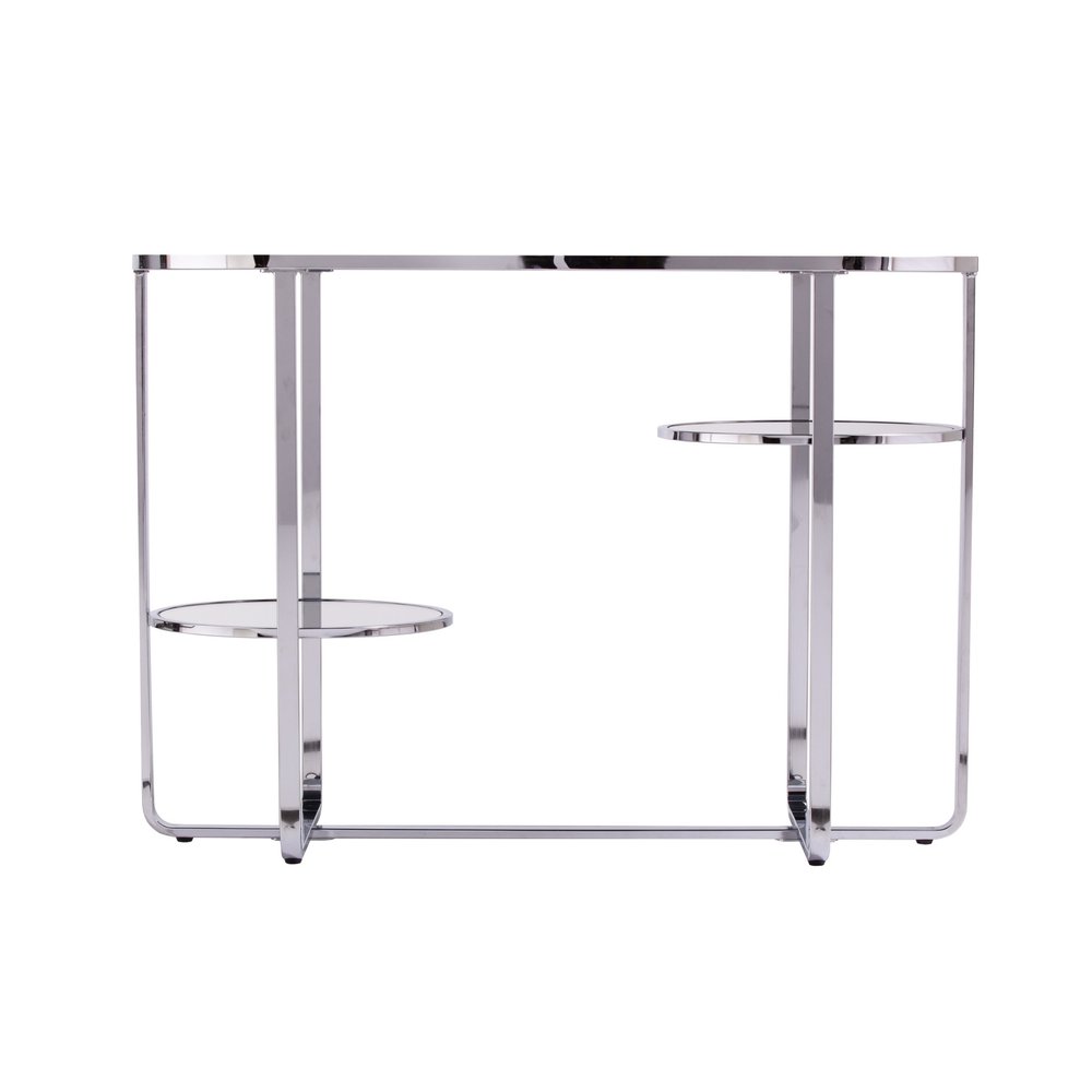 42" Silver Mirrored Glass and Iron Oval Cross Leg Console Table With Two Shelves