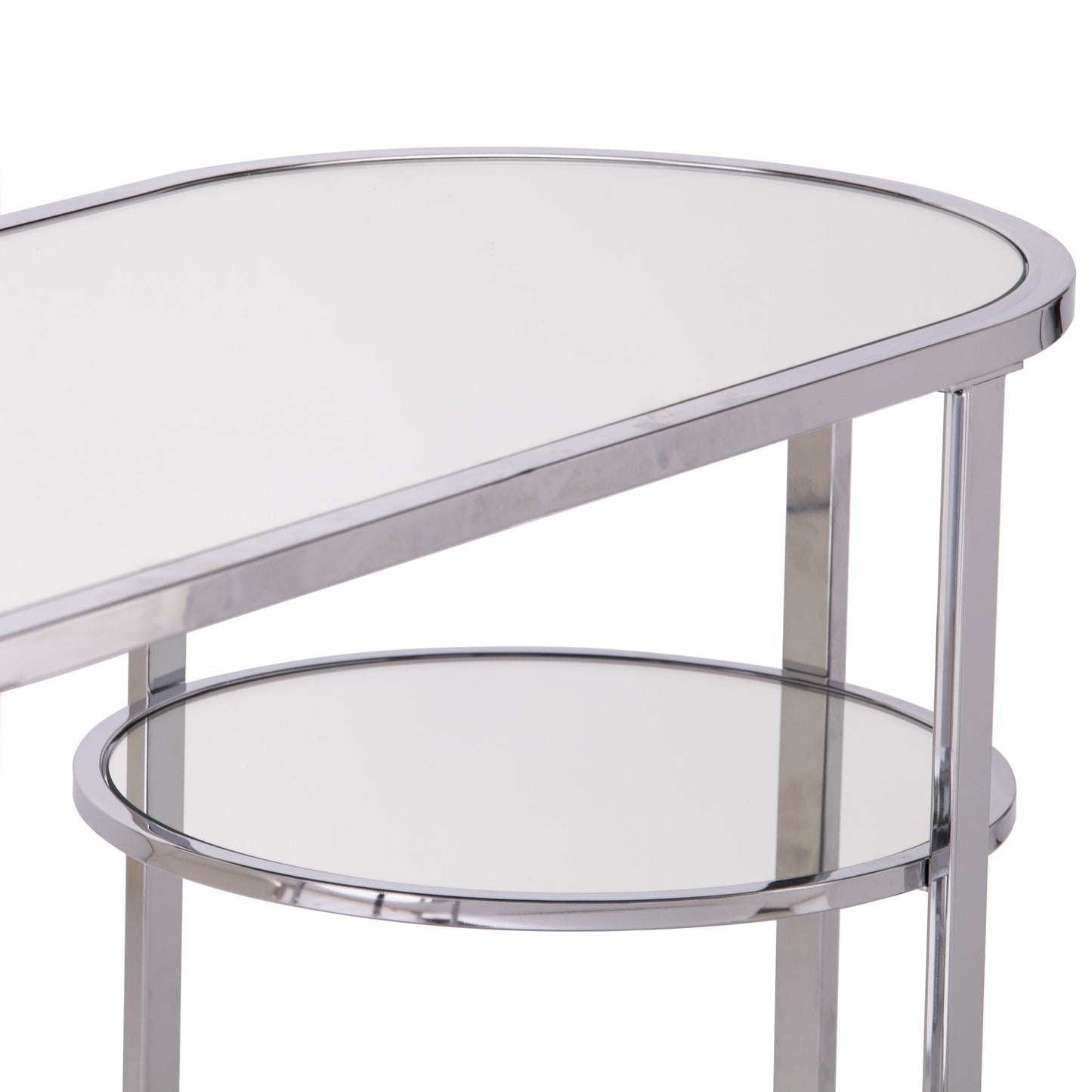 42" Clear and Silver Mirrored Glass Oval Cross Leg Console Table With Shelves