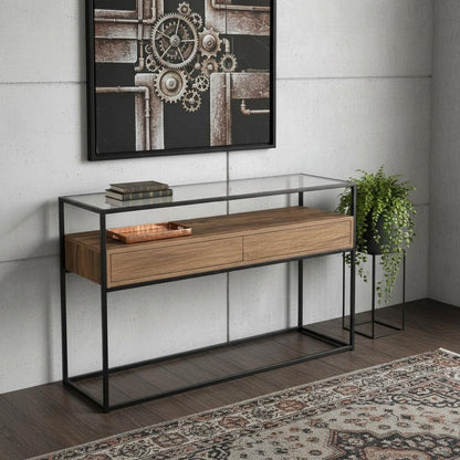 48" Clear and Black Glass Frame Console Table With Storage With Storage