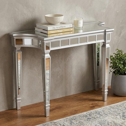 45" Silver Mirrored Glass and Wood Free Form Console Table