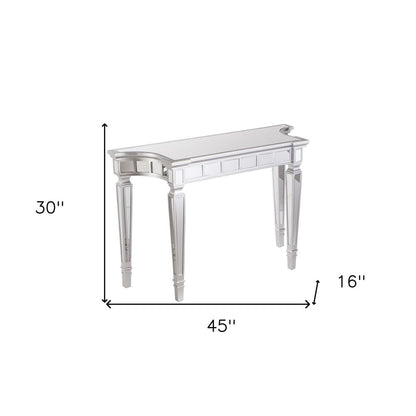 45" Silver Mirrored Glass and Wood Free Form Console Table