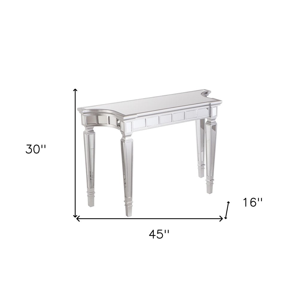 45" Silver Mirrored Glass and Wood Free Form Console Table