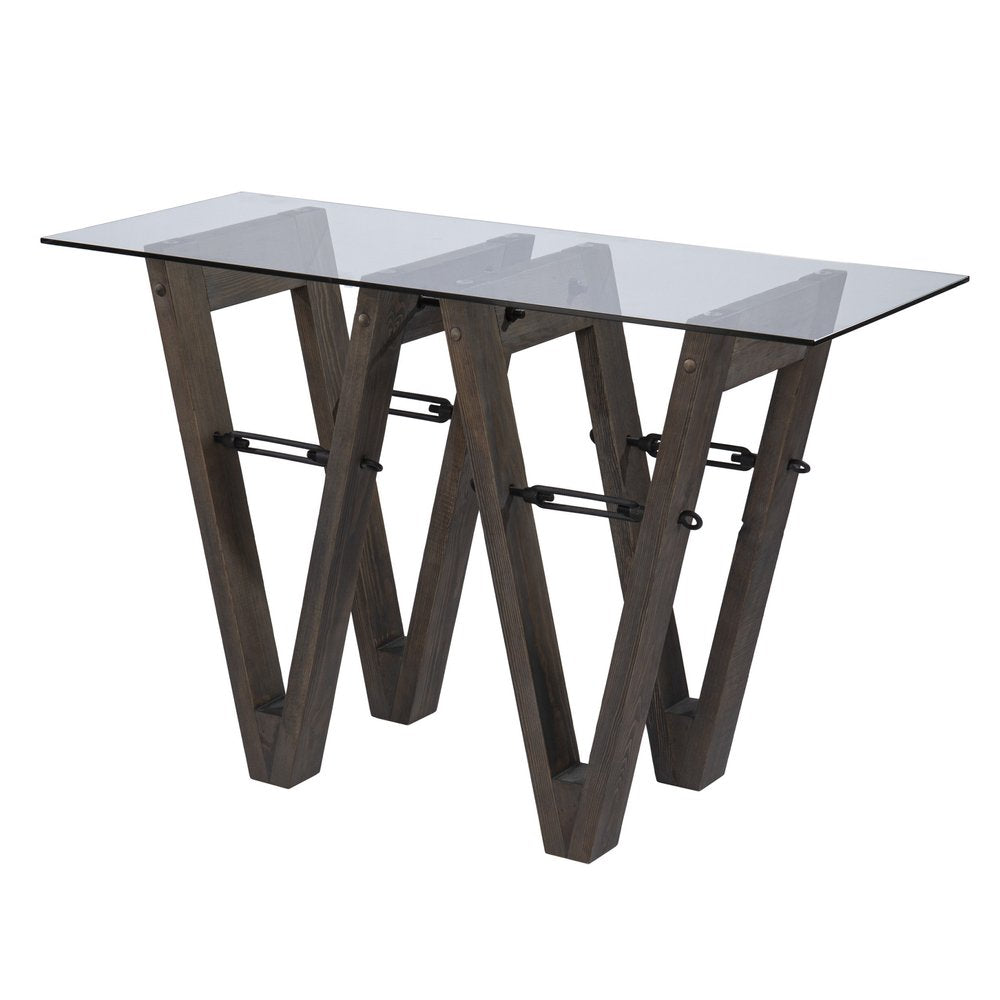 46" Clear Gray and Brown Glass and Solid Wood Abstract Console Table