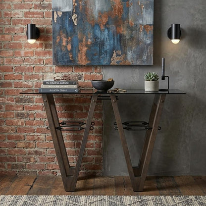 46" Clear Gray and Brown Glass and Solid Wood Abstract Console Table