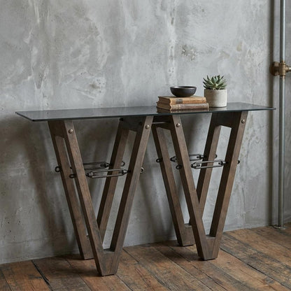 46" Clear Gray and Brown Glass and Solid Wood Abstract Console Table