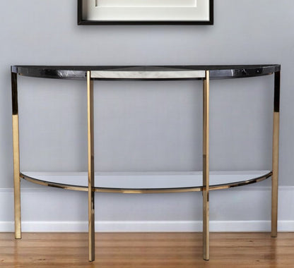 44" Black White and Champagne Faux Marble Half Moon Console Table With Shelves