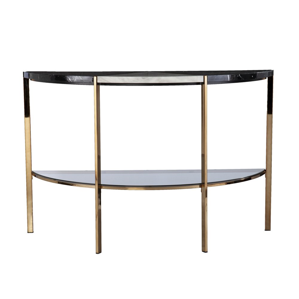 44" Black White and Champagne Faux Marble Half Moon Console Table With Shelves
