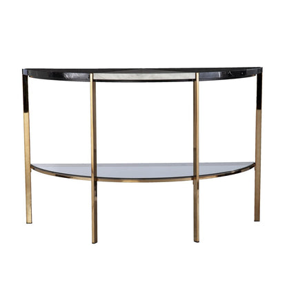 44" Black White and Champagne Faux Marble Half Moon Console Table With Shelves