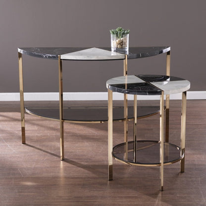 44" Black White and Champagne Faux Marble Half Moon Console Table With Shelves