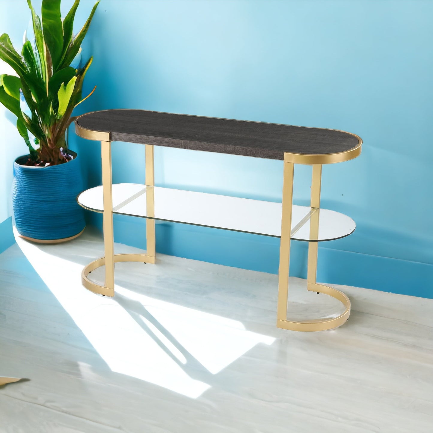 49" Gray and Gold Solid Wood Oval Sled Console Table With Storage