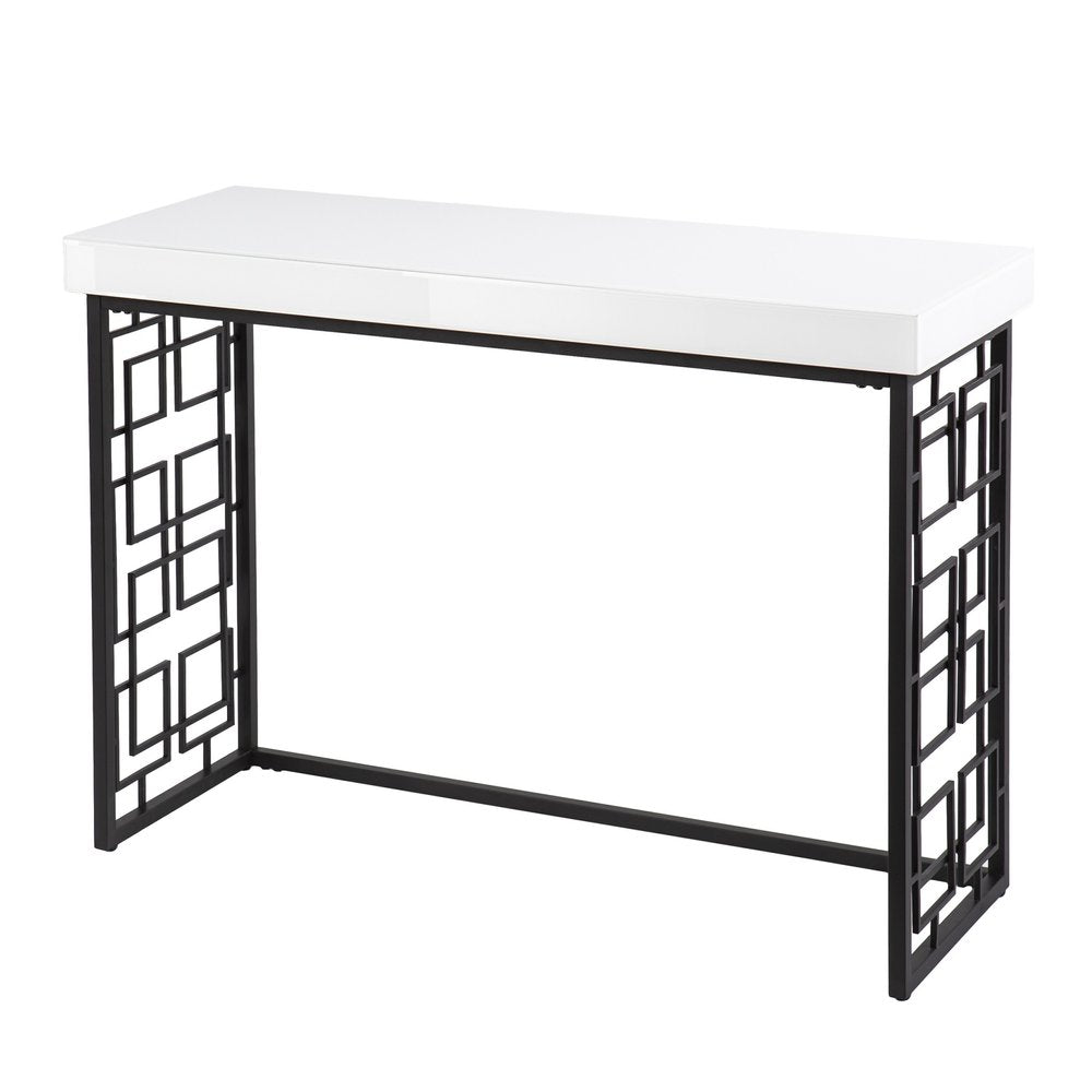 42" White and Black Glass and Metal Sled Console Table