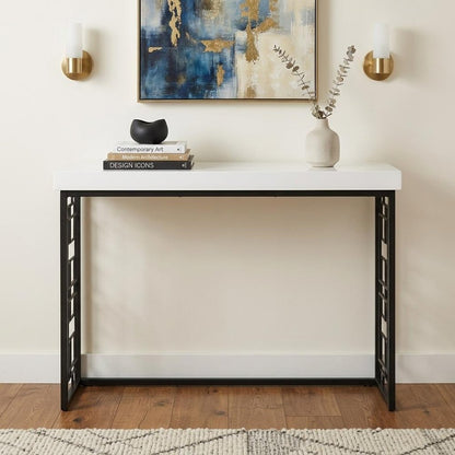 42" White and Black Glass and Metal Sled Console Table