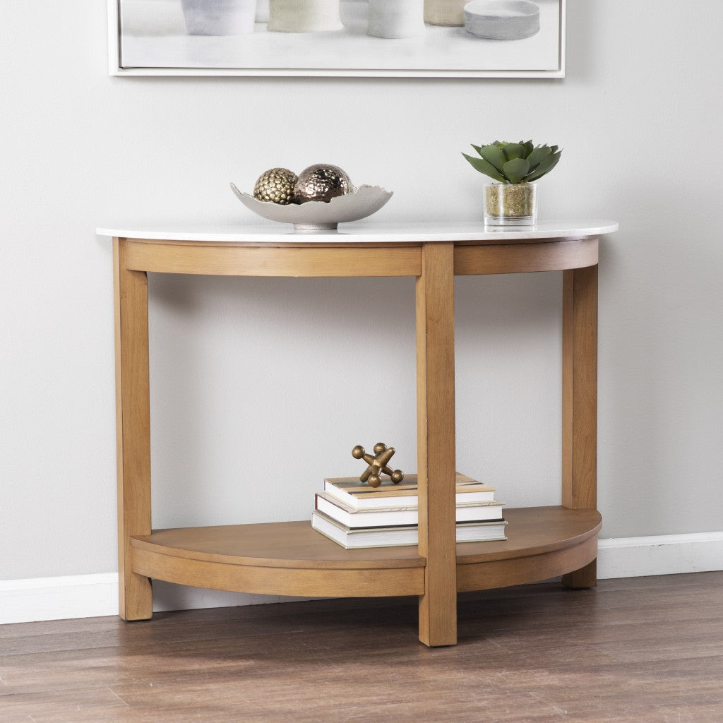 42" White and Natural Faux Marble Half Circle Three Leg Console Table With Shelves