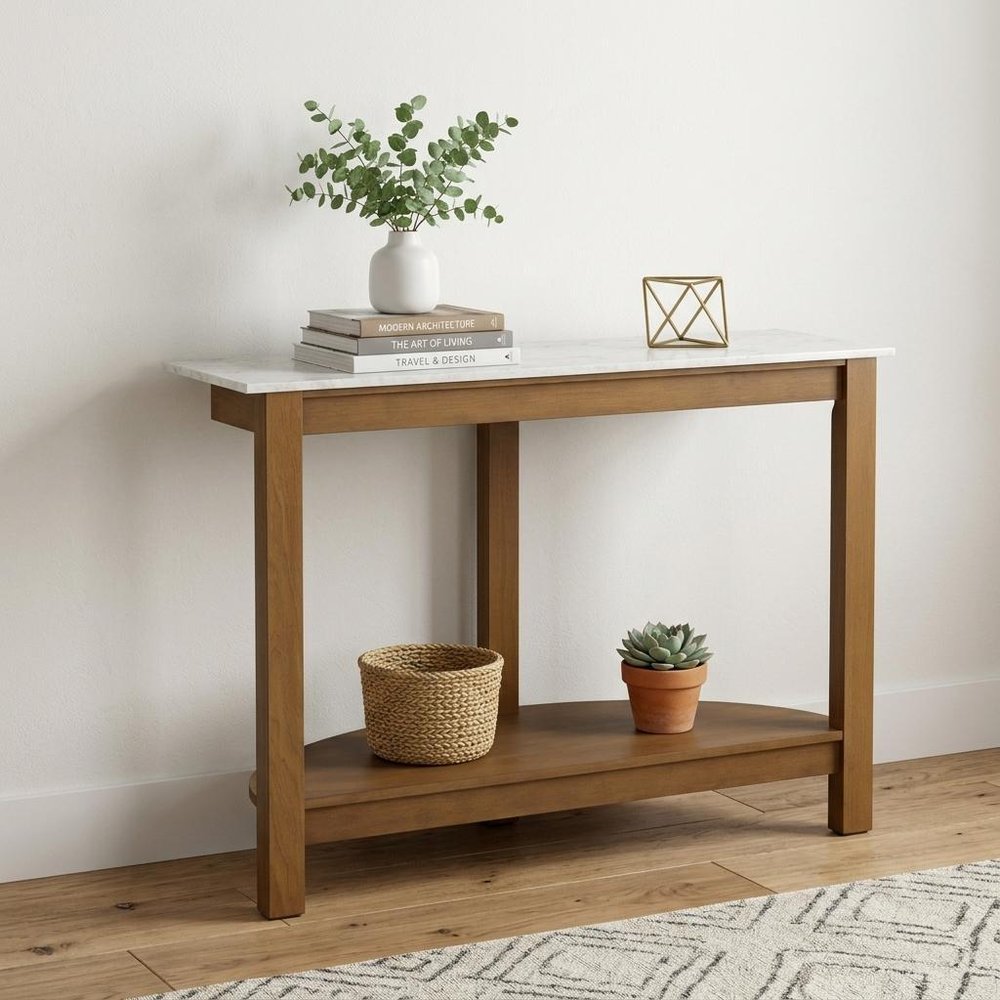 42" White and Natural Faux Marble Half Circle Three Leg Console Table With Shelves