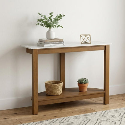 42" White and Natural Faux Marble Half Circle Three Leg Console Table With Shelves