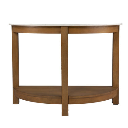 42" White and Natural Faux Marble Half Circle Three Leg Console Table With Shelves