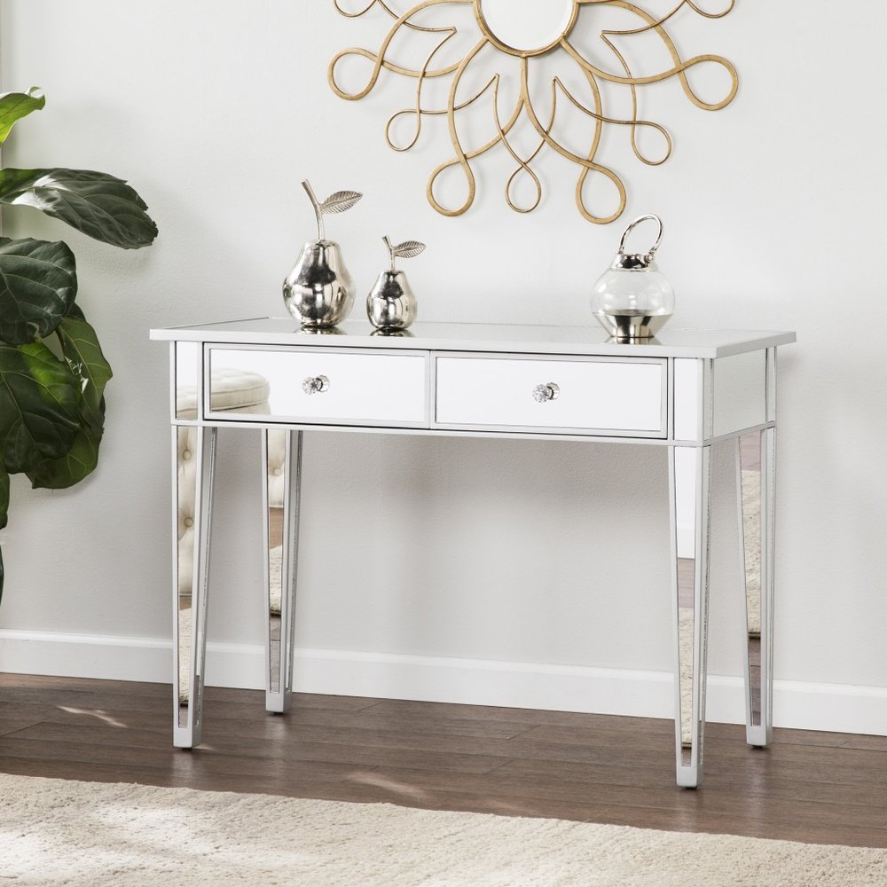40" Silver Mirrored Glass and Wood Console Table With Two Drawers
