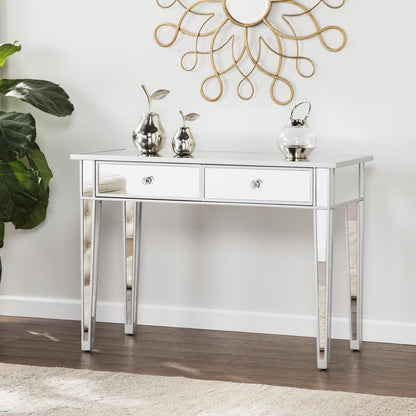 40" Silver Mirrored Glass and Wood Console Table With Two Drawers