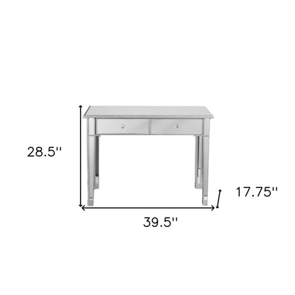 40" Silver Mirrored Glass and Wood Console Table With Two Drawers