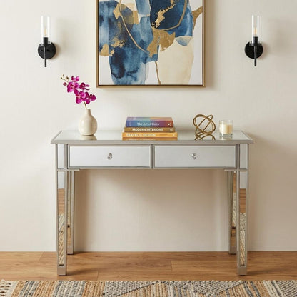 40" Silver Mirrored Glass and Wood Console Table With Two Drawers