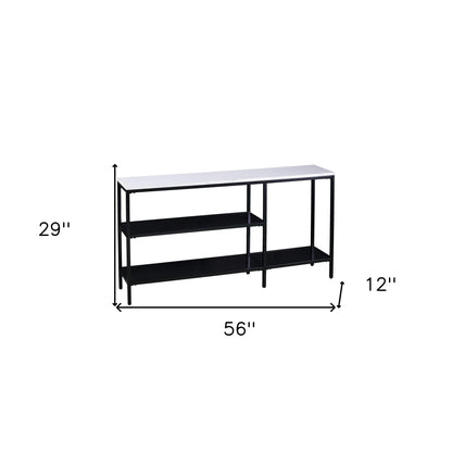 56" White and Black Faux Marble Floor Shelf Console Table With Shelves