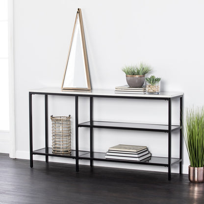 56" White and Black Faux Marble Floor Shelf Console Table With Shelves