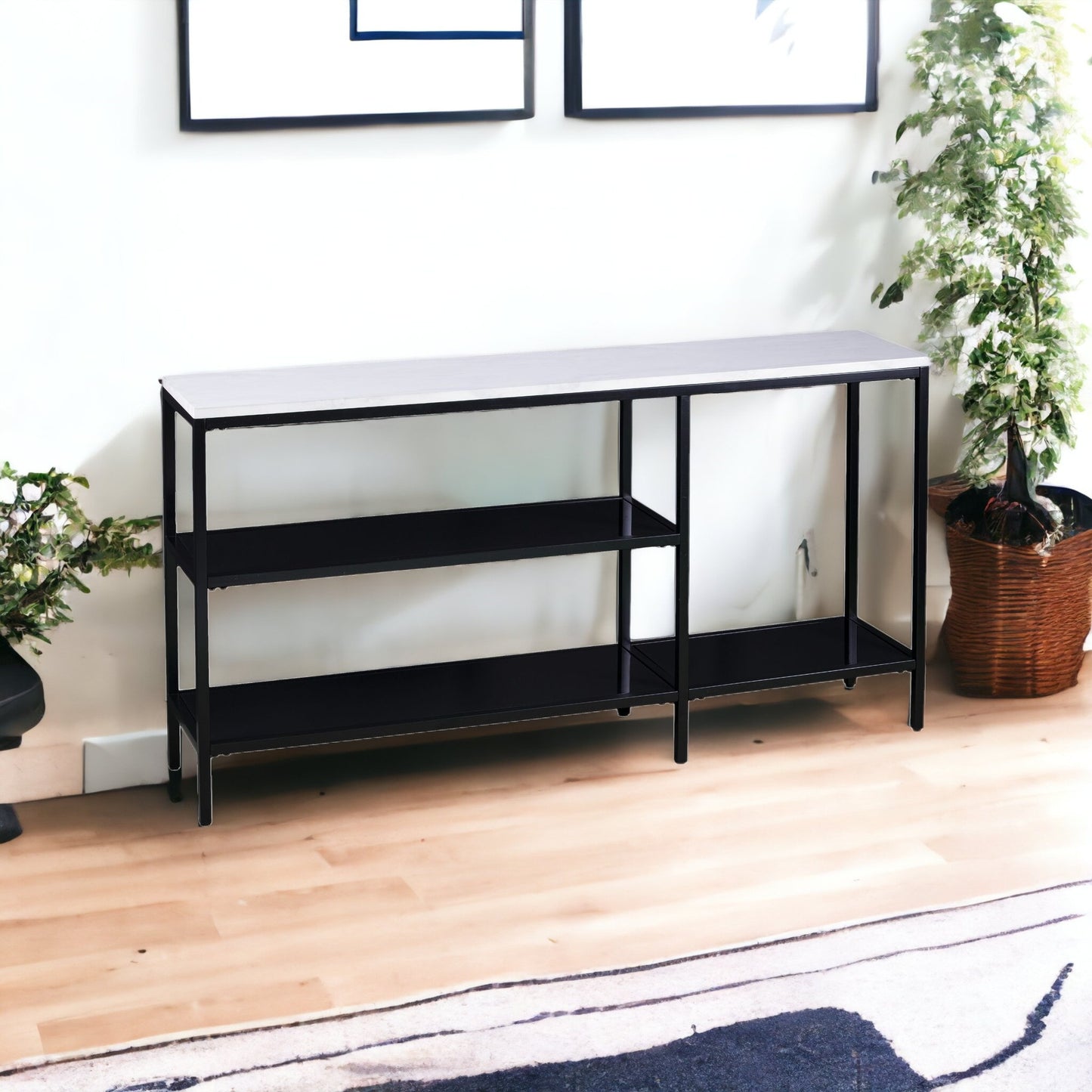 56" White and Black Faux Marble Floor Shelf Console Table With Shelves