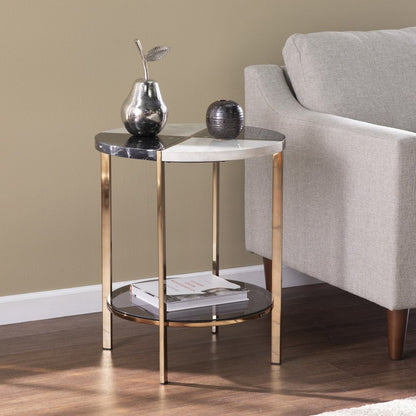 24" Black Wood And Iron Round End Table With Two Shelves