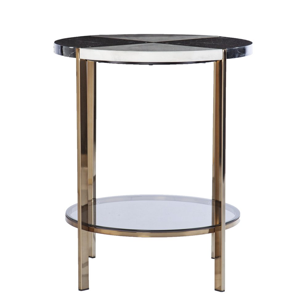 24" Black Wood And Iron Round End Table With Two Shelves
