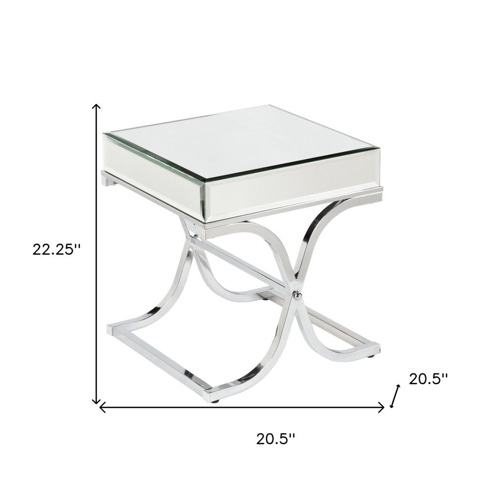 22" Clear And Silver Mirrored Glass And Iron Square Cross Legs End Table